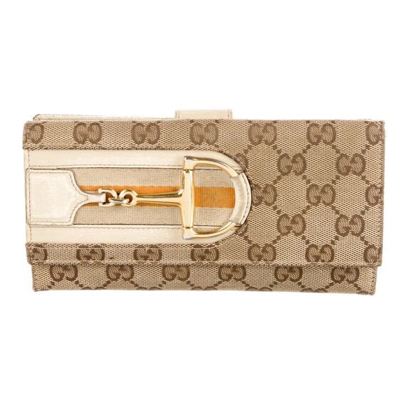 Gucci GG Web Hasler Continental Canvas Horsebit Wallet Tan Beige - Picture 1 of 7